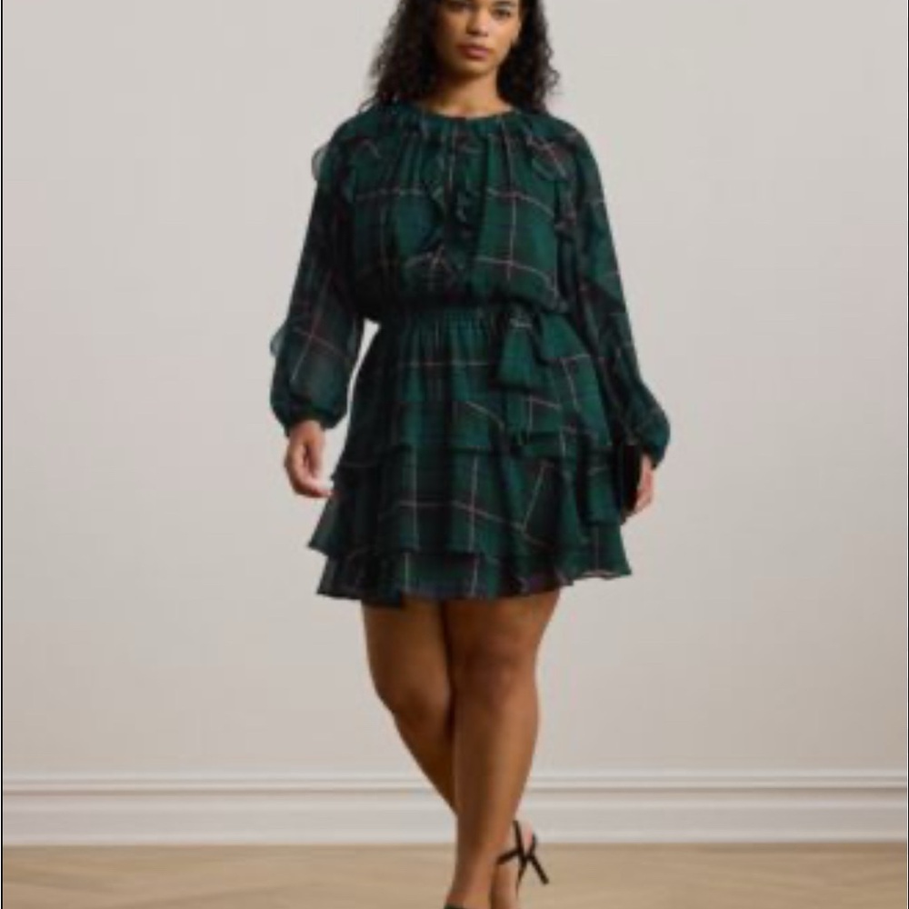 Ralph Lauren Ruffled Blue/Green Plaid Belted Women's Mini Dress 18W Academia
